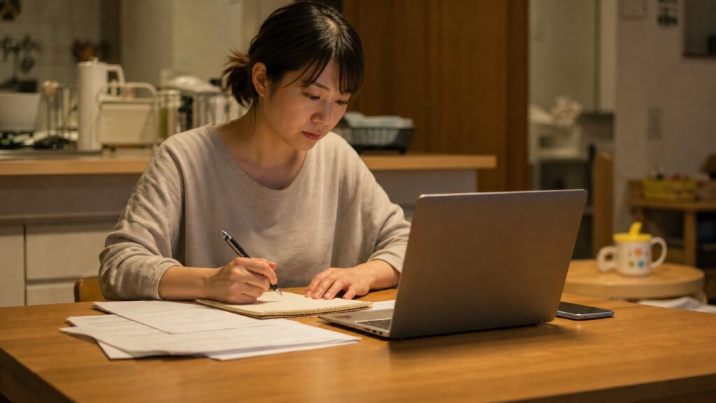 家族がいる自宅で夜に転職活動を進める会社員
