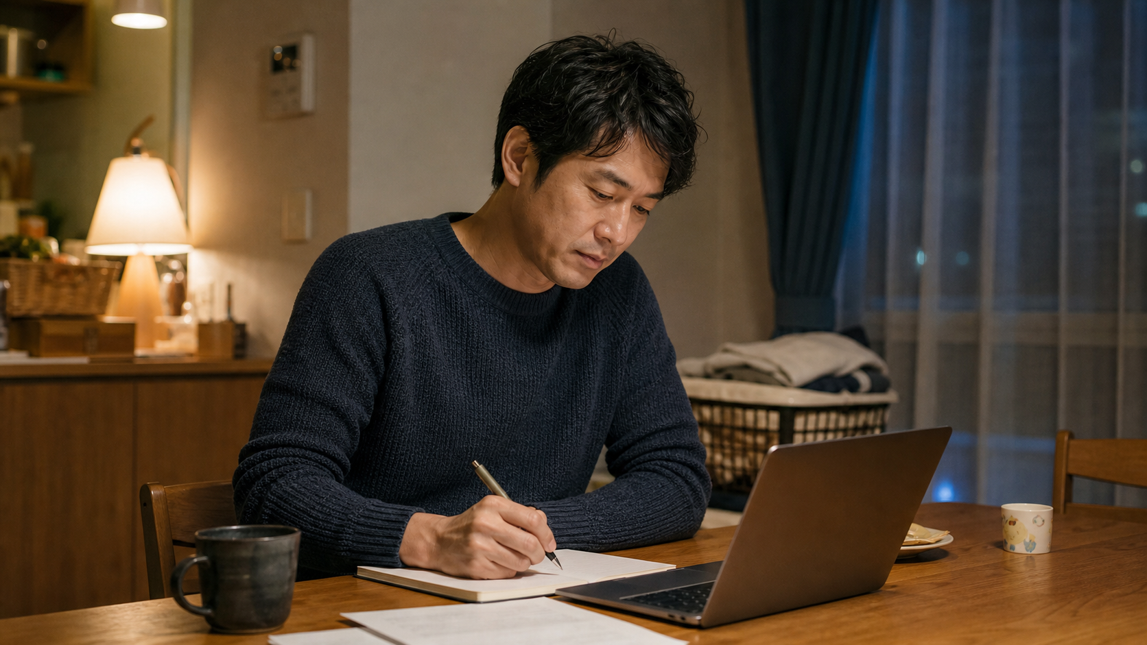 家族が寝た後に転職条件をメモする30代の会社員