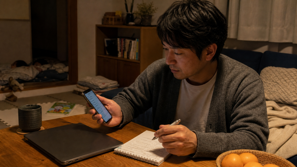 家族が寝た後にスカウト条件を確認する30代の会社員