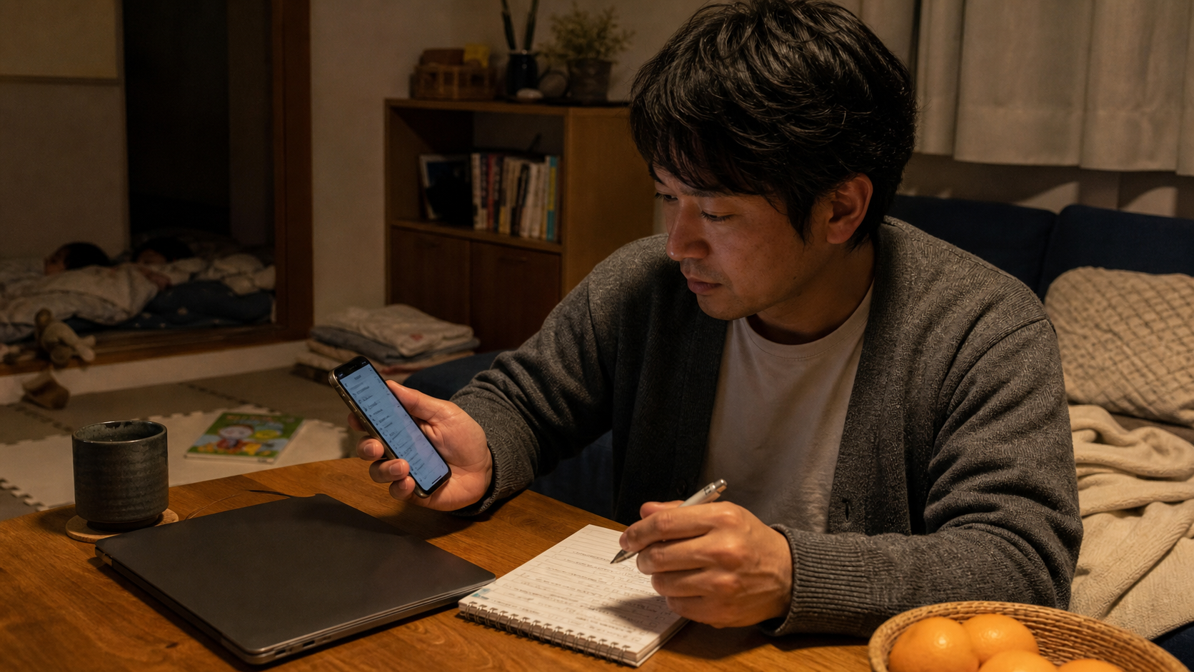 家族が寝た後にスカウト条件を確認する30代の会社員