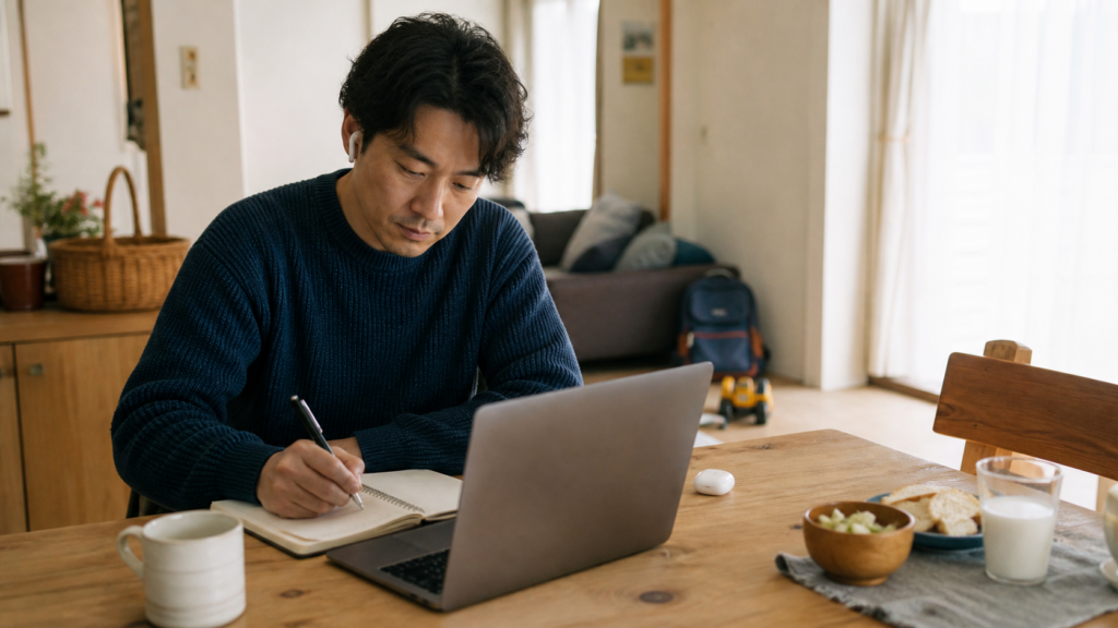 週末の自宅でオンライン面談の準備をする30代の会社員