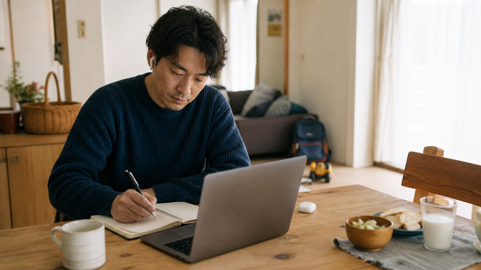 週末の自宅でオンライン面談の準備をする30代の会社員
