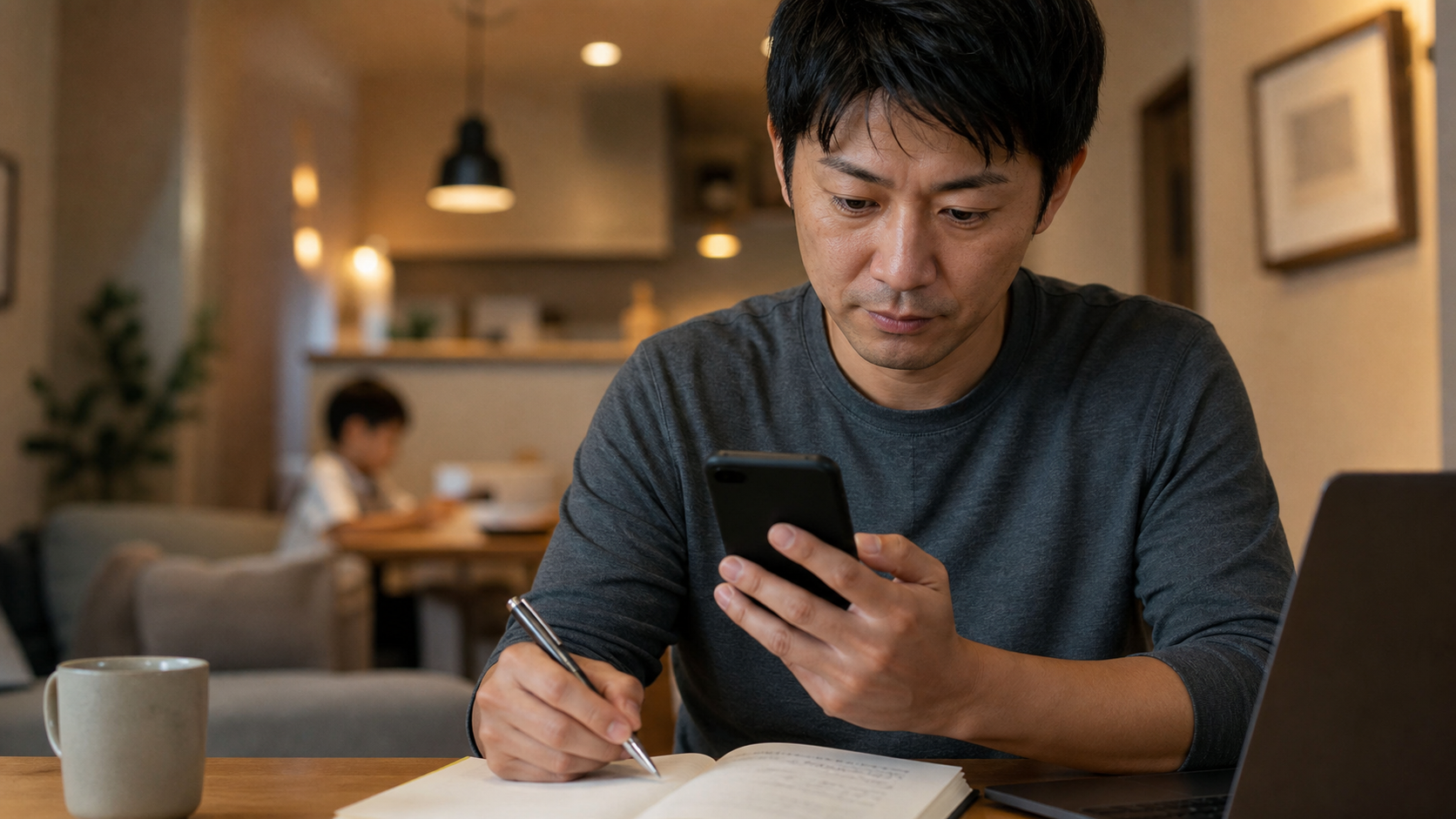 エージェントからの連絡内容をノートに整理する会社員