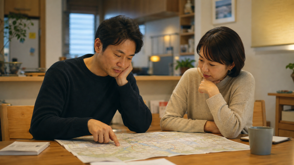 単身赴任を避けるため勤務地を家族と確認する様子