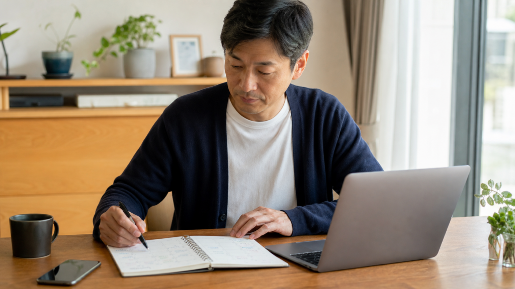 介護予定と勤務時間を整理する会社員