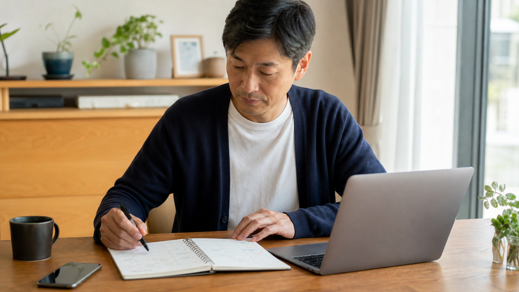 介護予定と勤務時間を整理する会社員