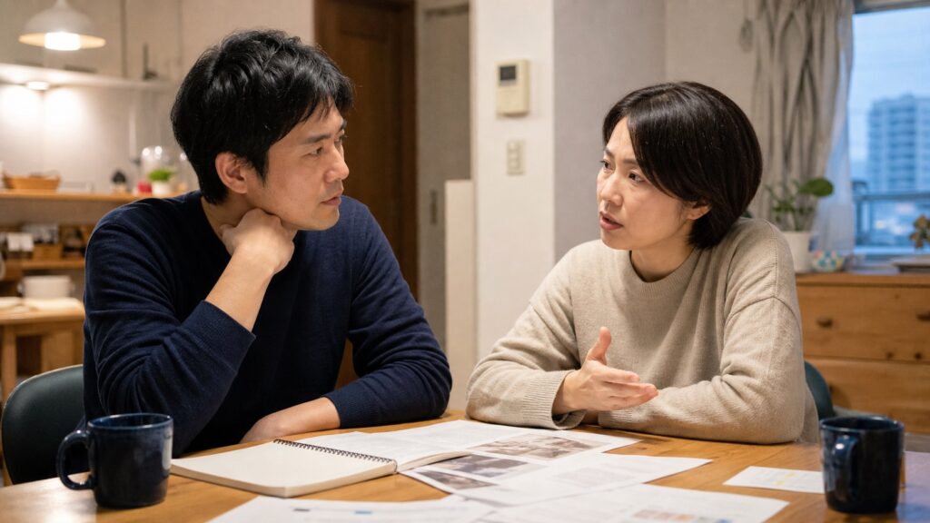 転職への不安を自宅で話し合うパートナー