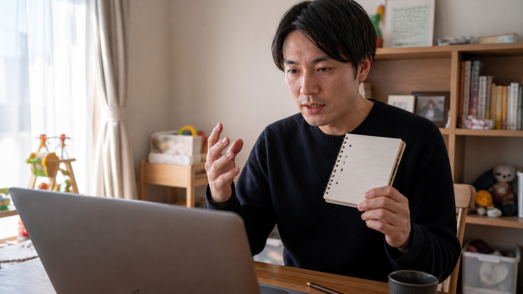 自宅で転職面接の回答を練習する会社員