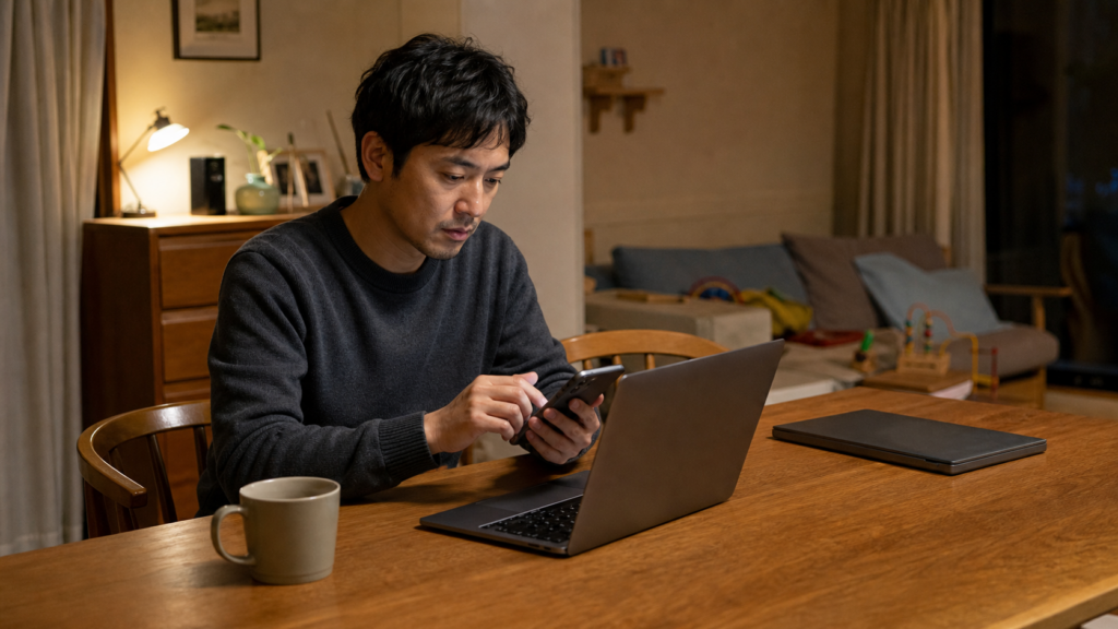 私物端末の通知設定を確認する会社員