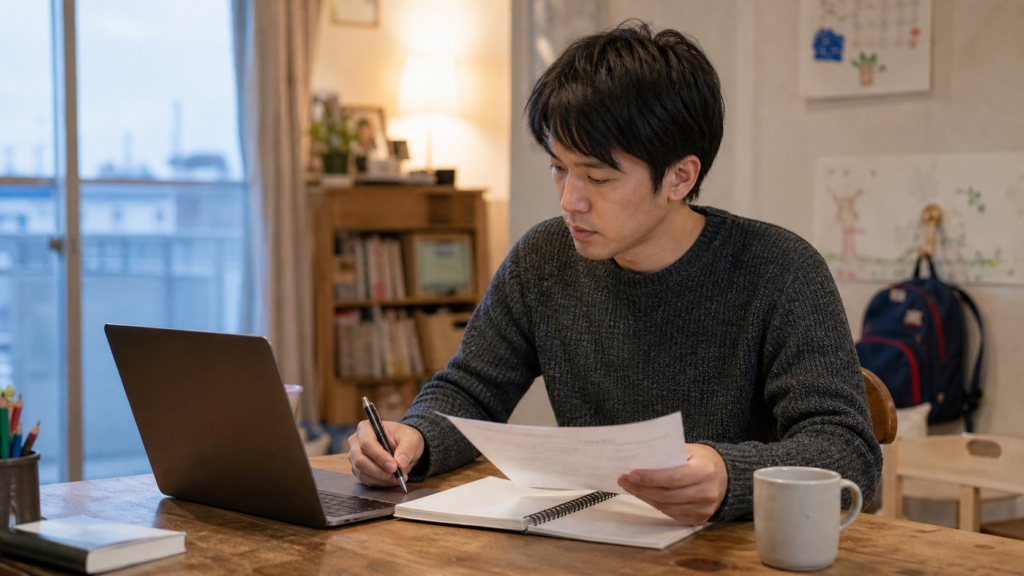 IT求人と家族予定を自宅で確認する30代の会社員
