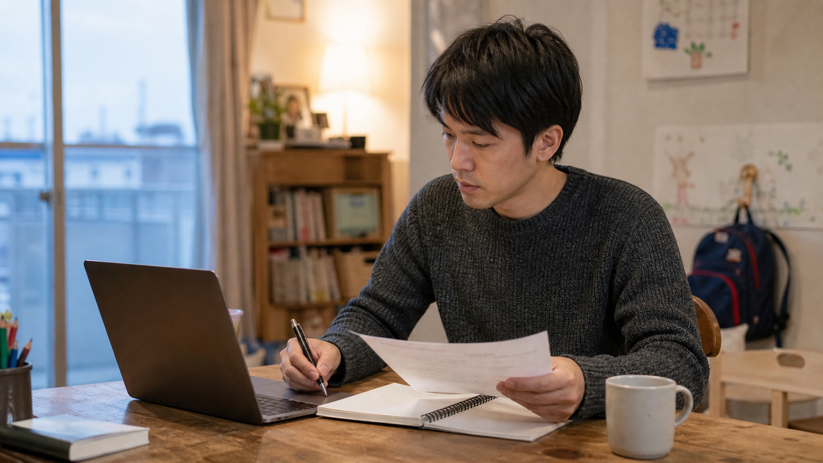 IT求人と家族予定を自宅で確認する30代の会社員