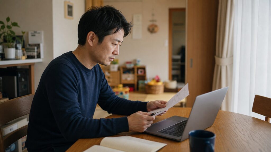 英語レジュメと職歴メモを自宅で確認する会社員