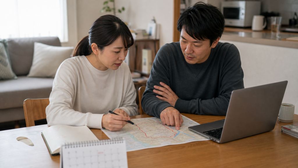転勤できる範囲を地図で家族と確認する様子