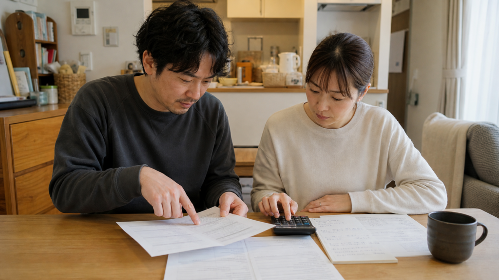 求人条件と家計メモを一緒に確認する30代の夫婦