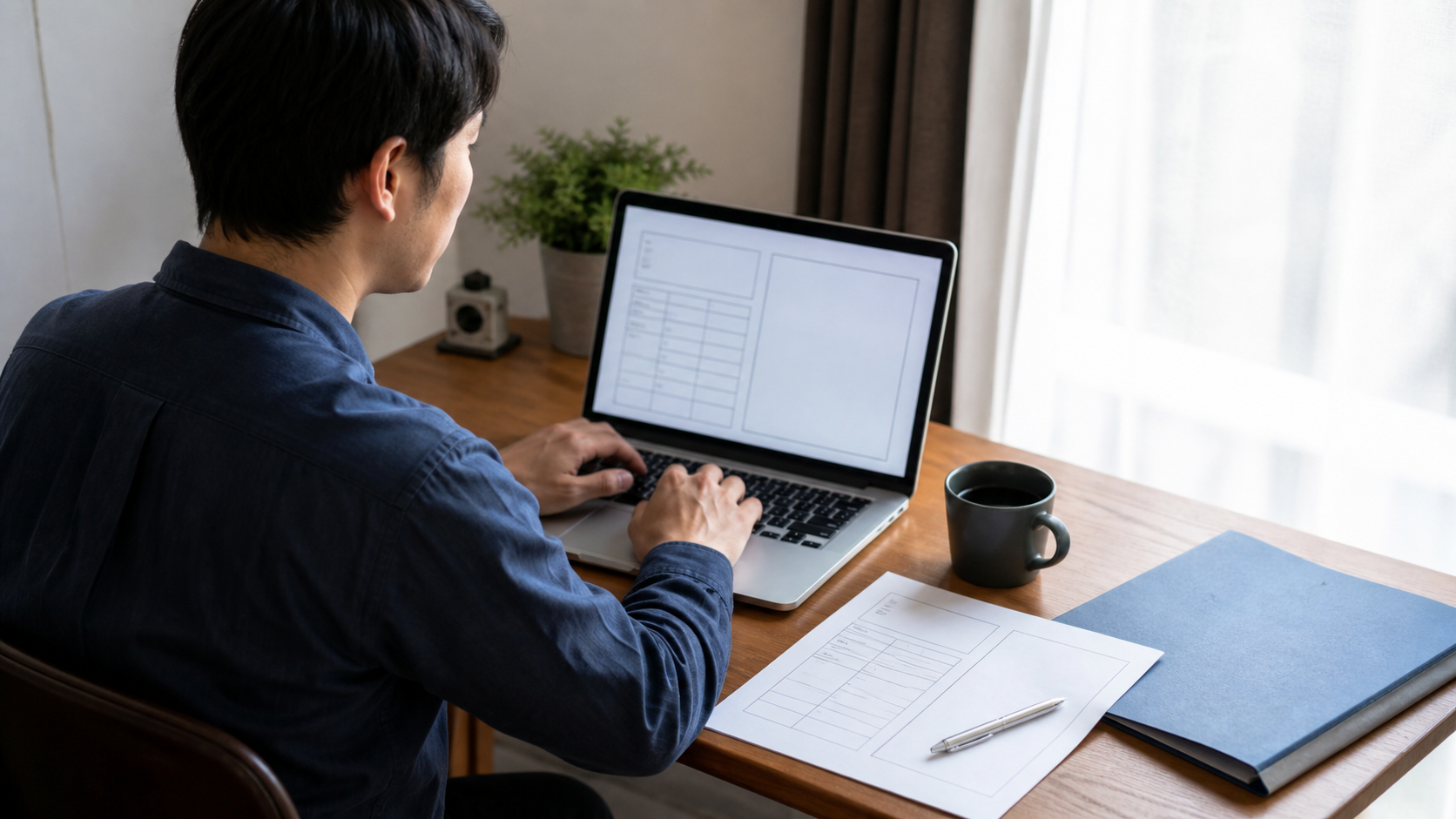 職務経歴書のテンプレートへ経歴を入力する会社員