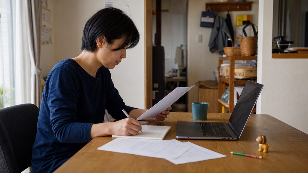 今の仕事の経験と応募先の仕事内容を自宅で整理する会社員
