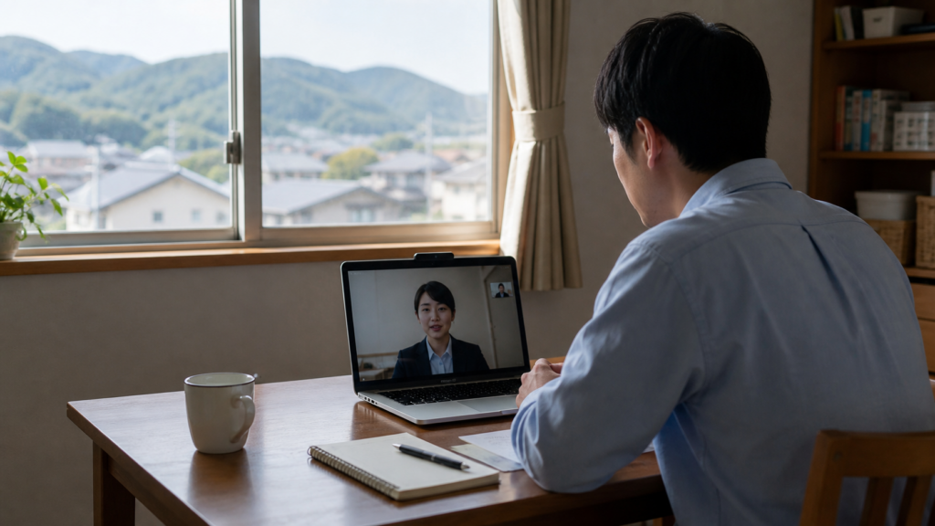 地方の自宅からオンライン面接を受ける会社員