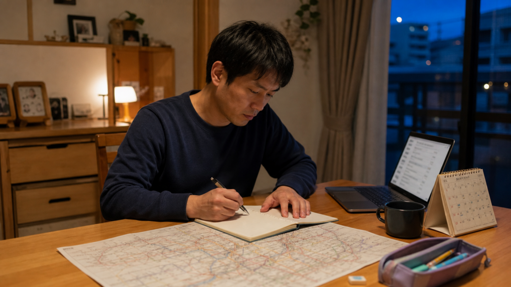 自宅で通勤経路と勤務条件を確認する30代の会社員