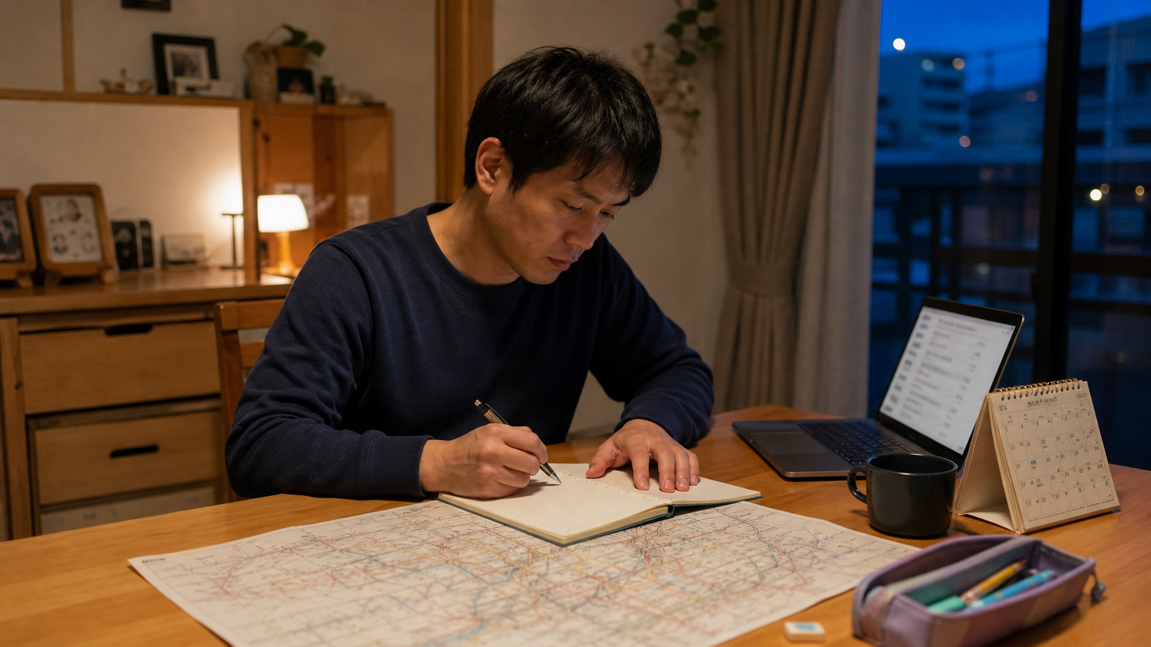 自宅で通勤経路と勤務条件を確認する30代の会社員