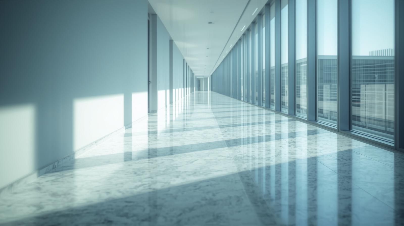斜めのラインと前進感のあるオフィス廊下。左側にテキスト用の濃色余白。