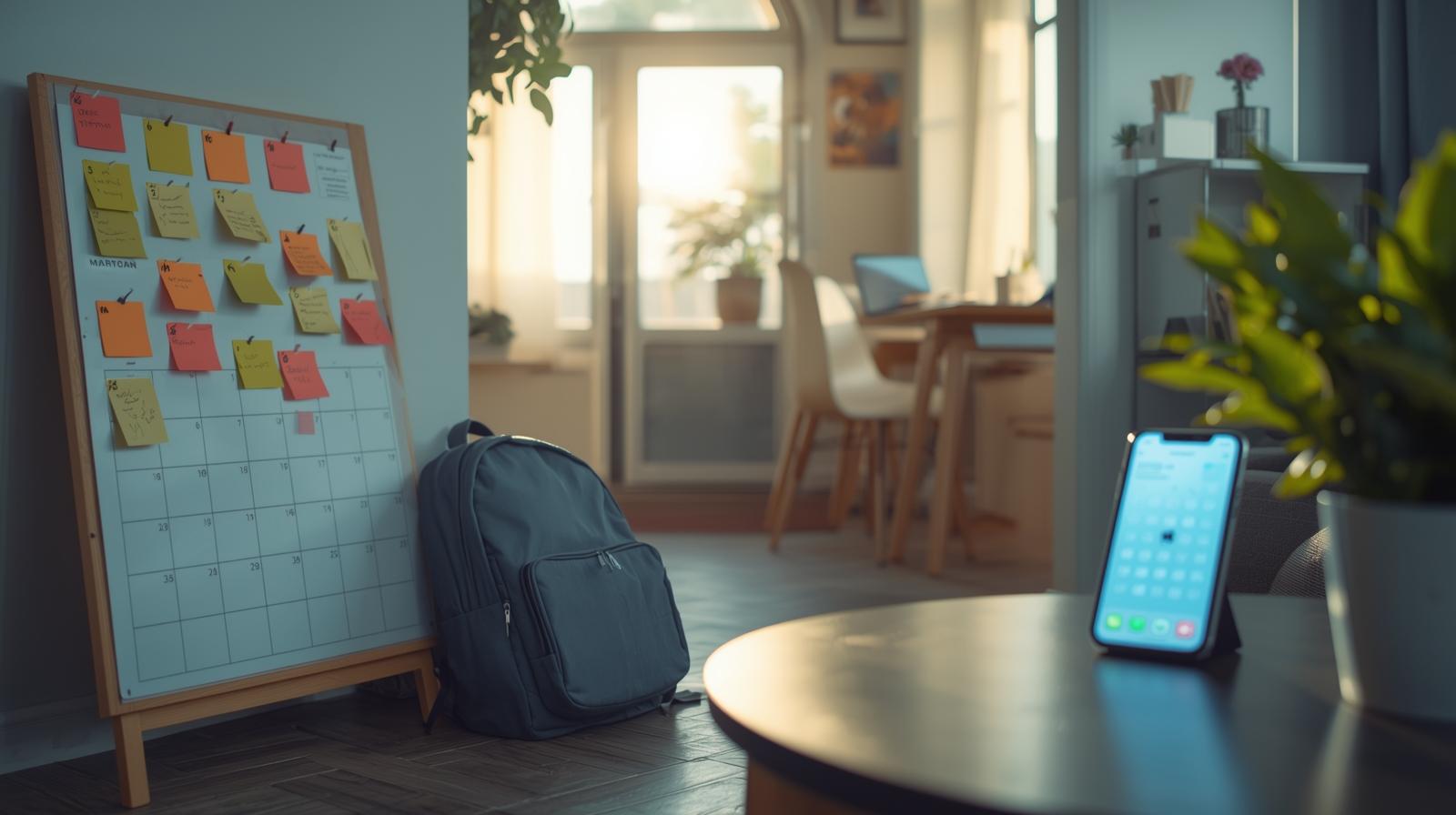 リビングのカレンダーとスマホの予定。左上に広い余白があるヒーロー用写真。