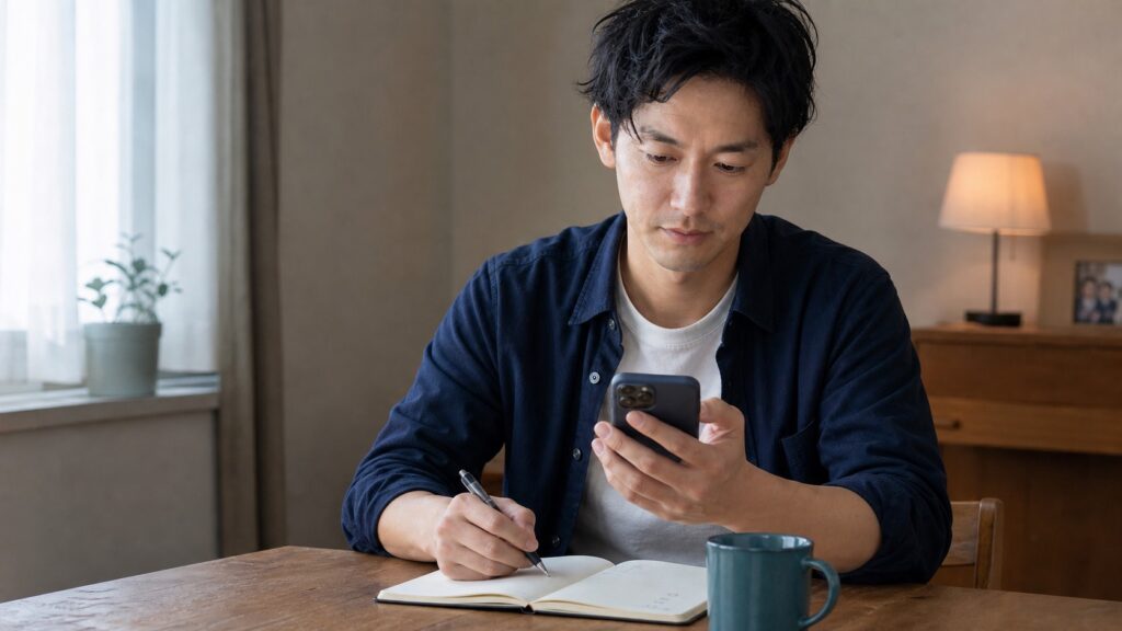 連絡待ちの期限と次の対応を手帳で整理する会社員