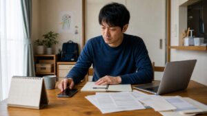 住宅ローンの書類と転職時期を確認する会社員