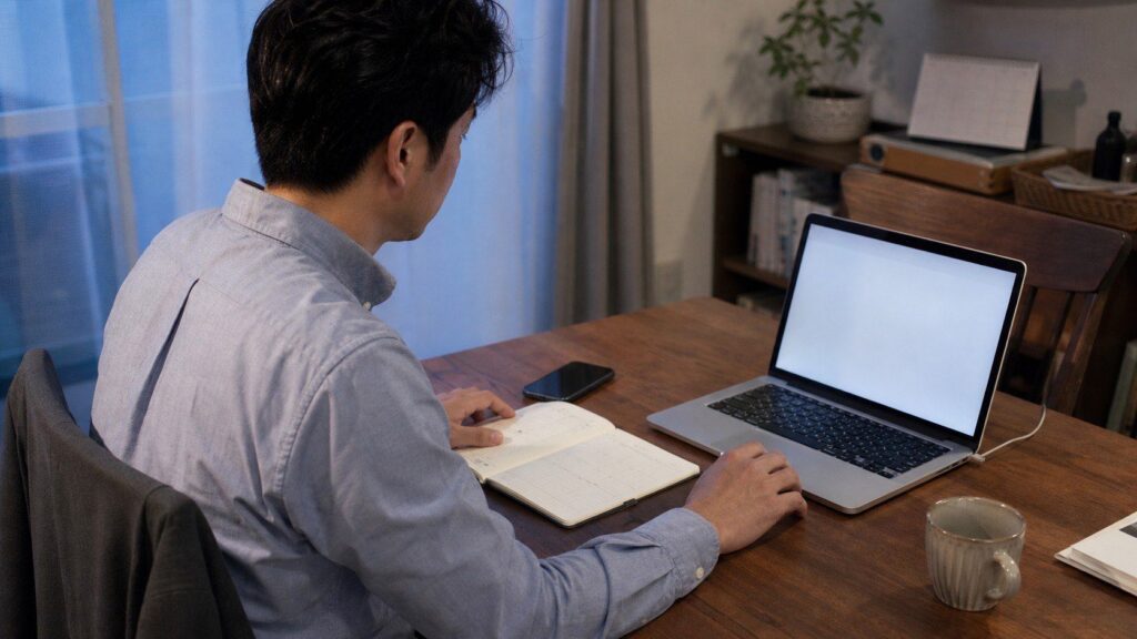 面接日程の変更候補を手帳とパソコンで確認する会社員
