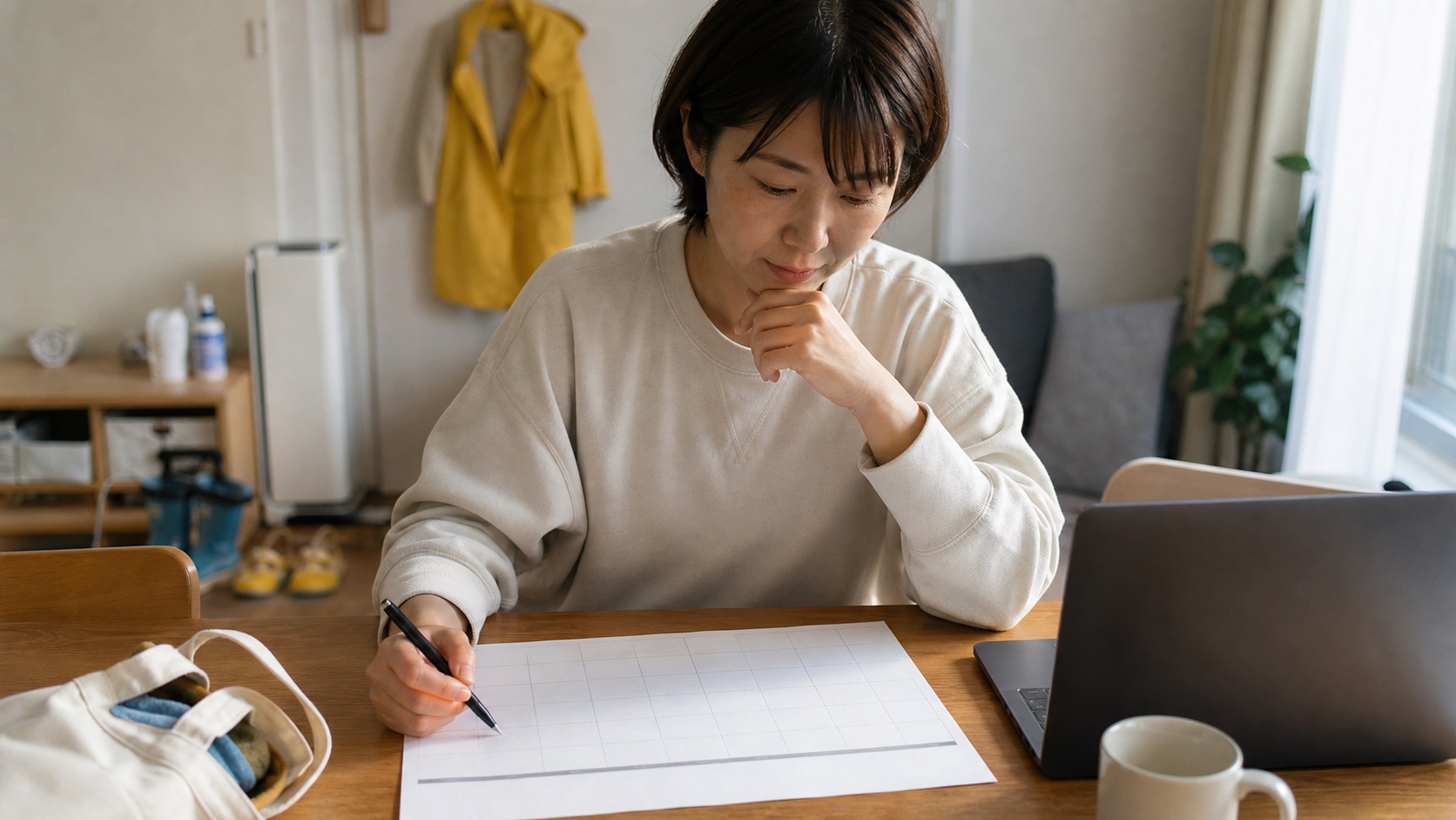 保育園の送迎時間と面接候補を自宅で確認する会社員