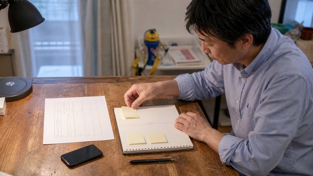 紹介条件の優先順位を付箋で整理する会社員