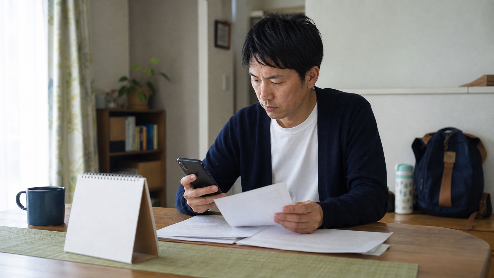 退職日と入社日の間の健康保険を自宅で確認する会社員