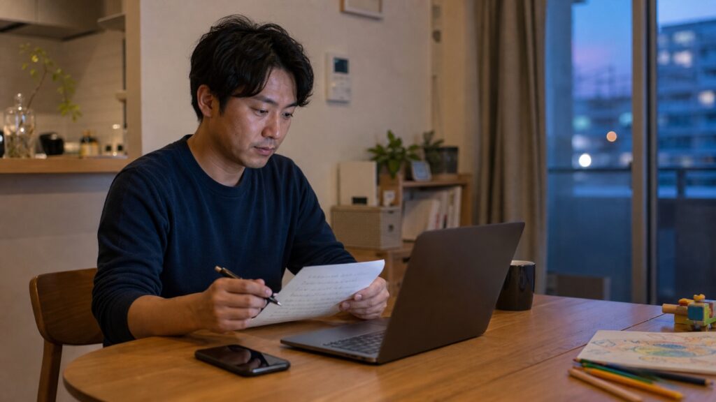 自宅で職務プロフィールと経歴メモを確認する会社員