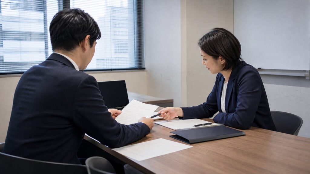 専門領域の求人条件を面談で確認する会社員