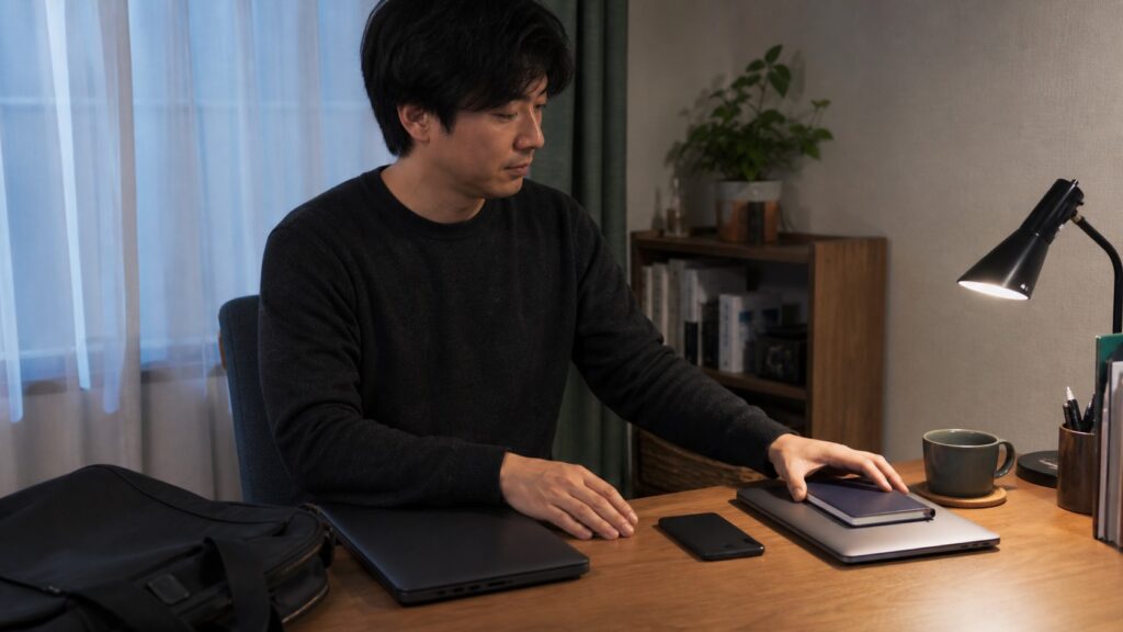 仕事用と個人用の端末を分けて整理する会社員
