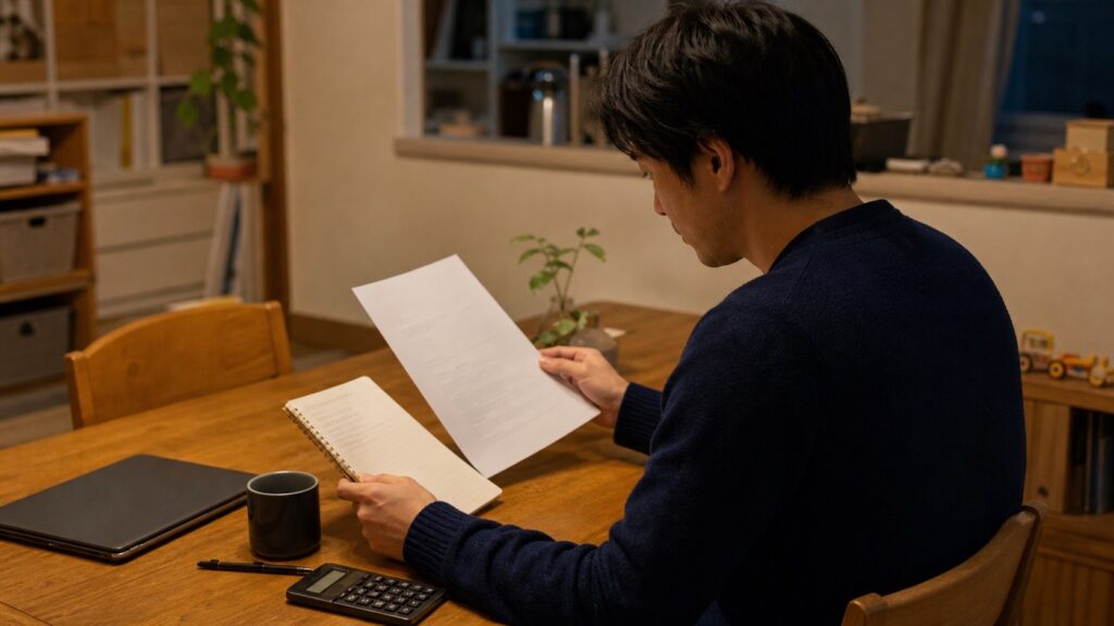 内定条件の書類と希望を自宅で整理する会社員