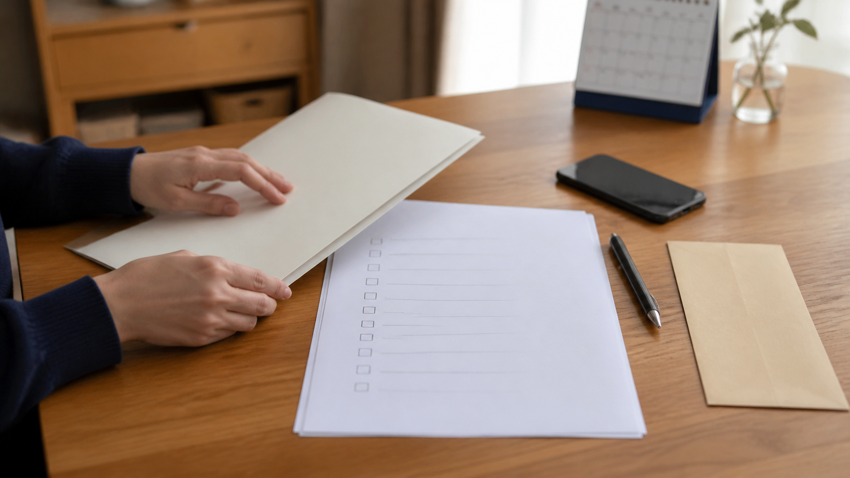転職先へ提出する書類を家庭の机で整理する様子