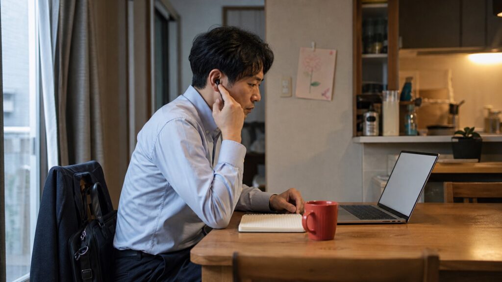 自宅のテーブルでイヤホンを着け、ノートとパソコンを前に準備する会社員