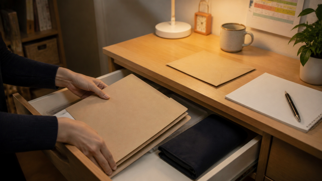 退職後の離職票などの書類を家庭の机で保管する様子