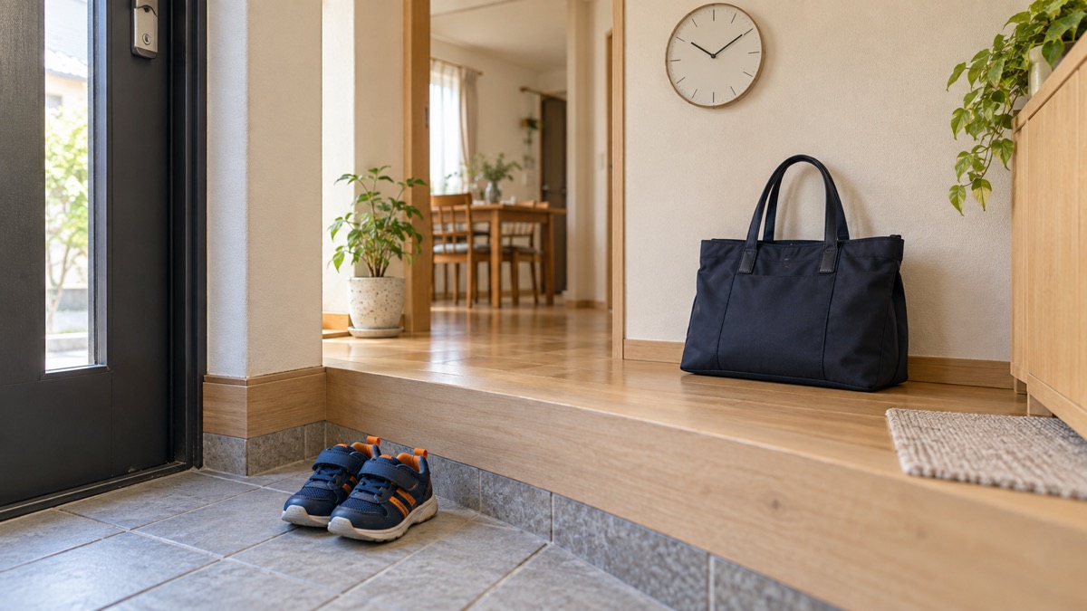 送迎と仕事の時間調整を考えるイメージの子どもの靴、仕事バッグ、壁時計