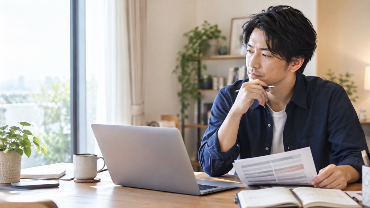 30代のIT人材が自宅で転職条件を比較するイメージ