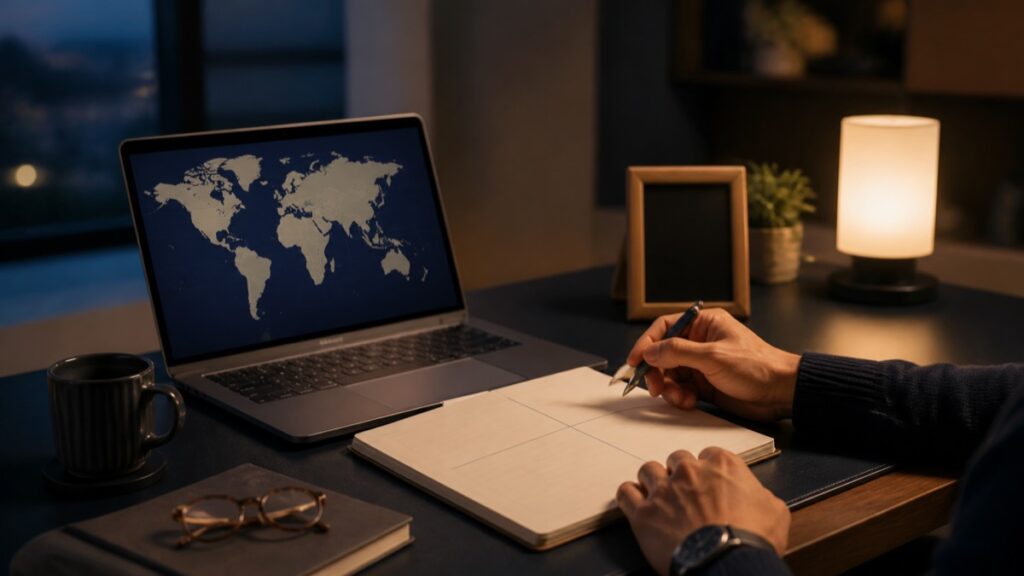 世界地図を表示したパソコンの横で転職の希望条件を整理するイメージ