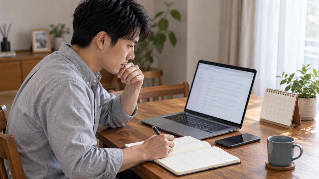自宅の机で応募先からのメールと連絡予定日をパソコンと手帳で確認する会社員
