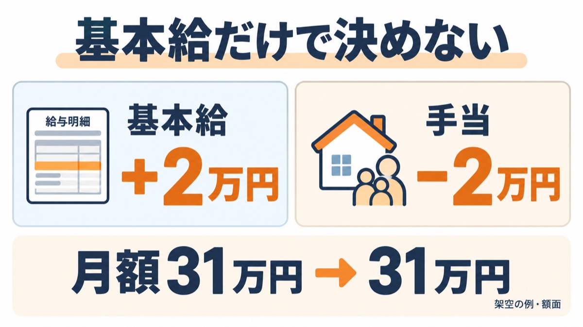 基本給が2万円増え、手当が2万円減ると、月額は31万円のままになる架空の額面比較図