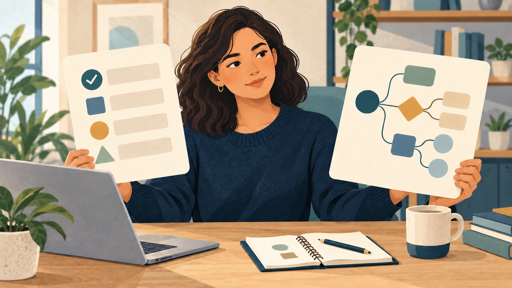 チェック項目と分岐図が描かれた2枚のカードを手に持つ人物のイラスト