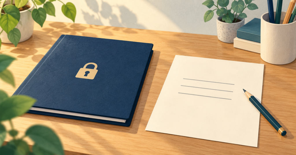 秘密情報のフォルダーと、経験を整理する白紙の職務経歴書を分けて置いた概念イラスト。