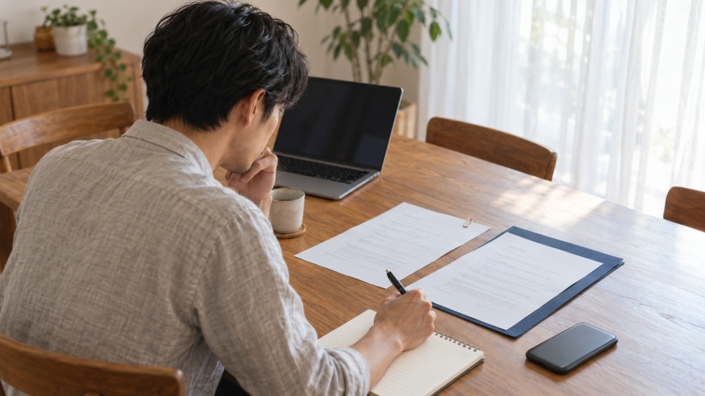 木のテーブルで二つの書類とノートを見比べる会社員